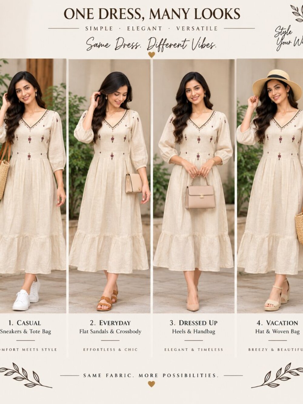Cream Beaded Embroidered Linen Midi Dress - Picture 1 of 6